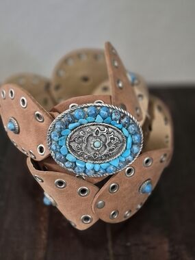 Leather Turquoise Accent Western Belt with Silver Concho 1X Plus Size